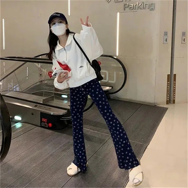 Casual Horseshoe Pants Women Spring Summer Autumn Winter Campus High Waist Slim Fit Elastic Wide Leg Printed Smiling Face Pants