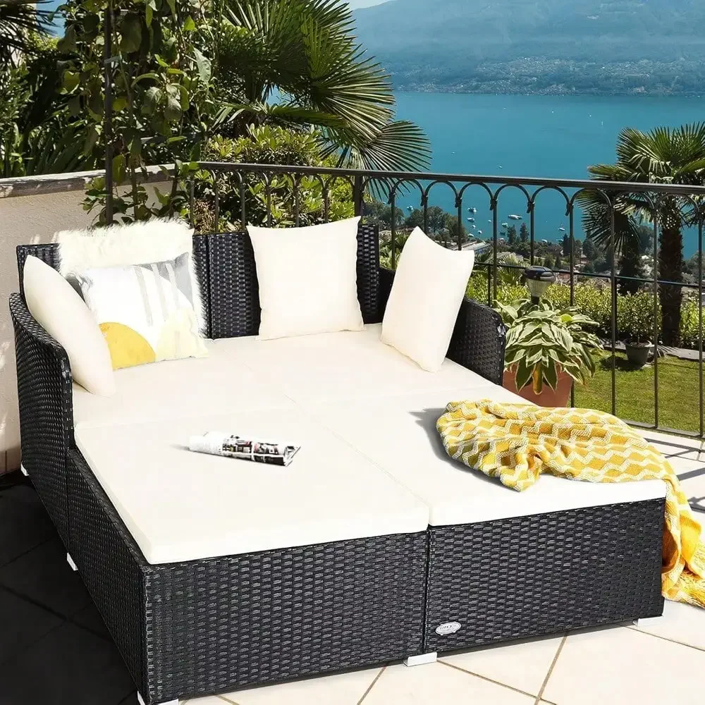 Outdoor Rattan Daybed Patio Loveseat Sofa Set with Padded Cushion Pillows and Sturdy Aluminum Foot, Wicker Furniture