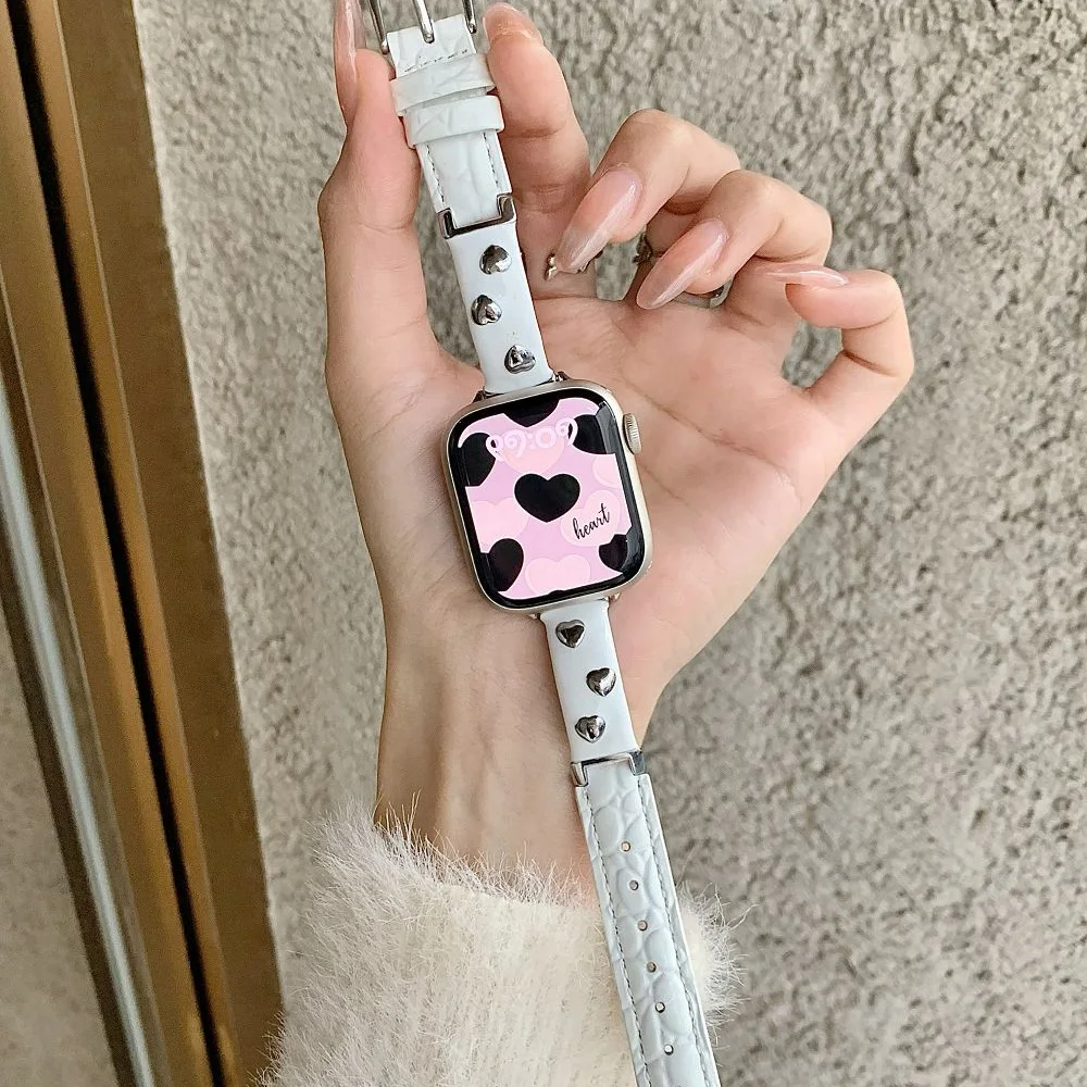 

Luxury Leather Strap for Apple Watch Band 38 40 41 42 45 44 46 49mm Crystal Heart Metal Bent Bracelet for iWatch S11 10 9 Ultra