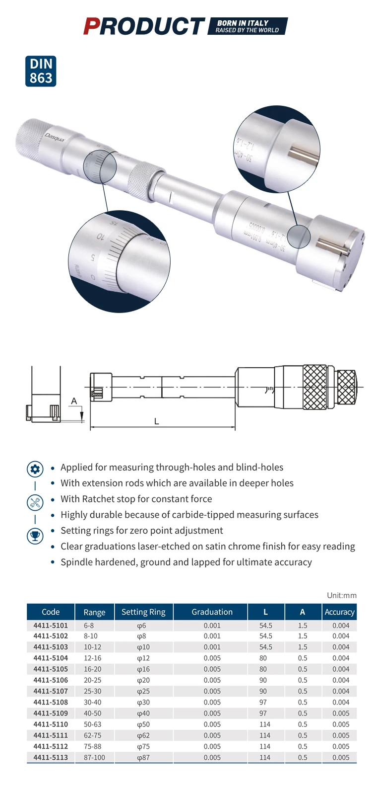 Carbide-tipped Inside Three Point Internal Micrometers High Quality 3 Point