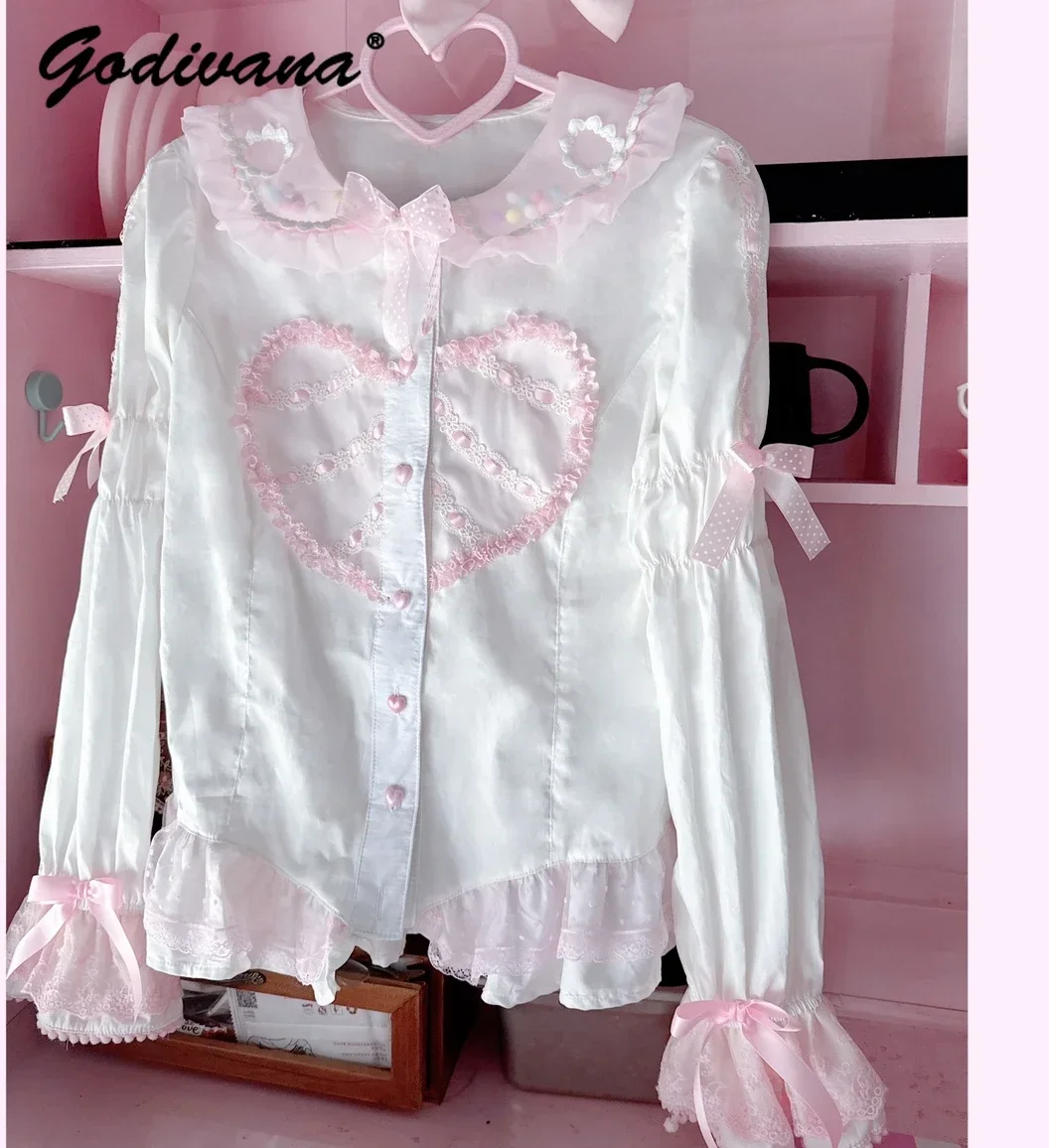 

Sweet Cute Inner Wear Original Design 2024 Spring New Girl Women's Pure Cotton Long Sleeve Bow Shirt All-Match Blouses