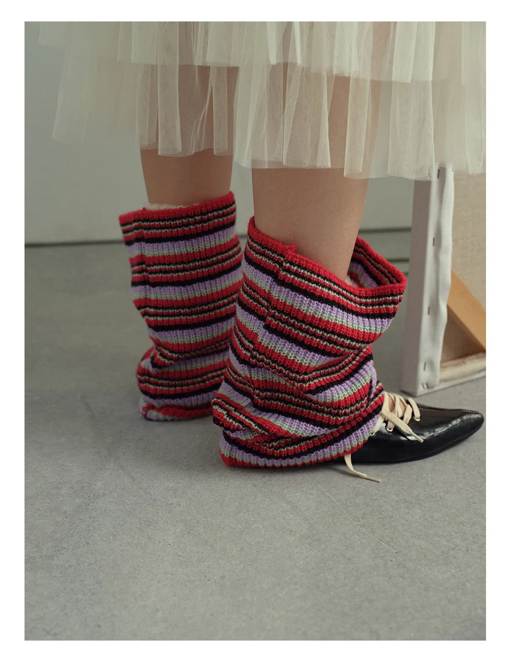 와이드 스트라이프 울 혼방 스택 니트 레그 워머 여성용 가을 겨울【디자이너 스타일 따뜻하고 다용도】