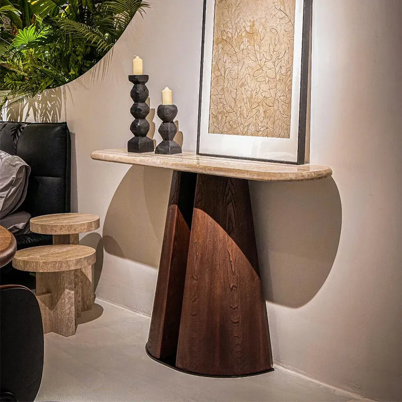 

Medieval style natural travertine entrance table Simple luxury exquisite Nordic console table minimalist high-end decoration