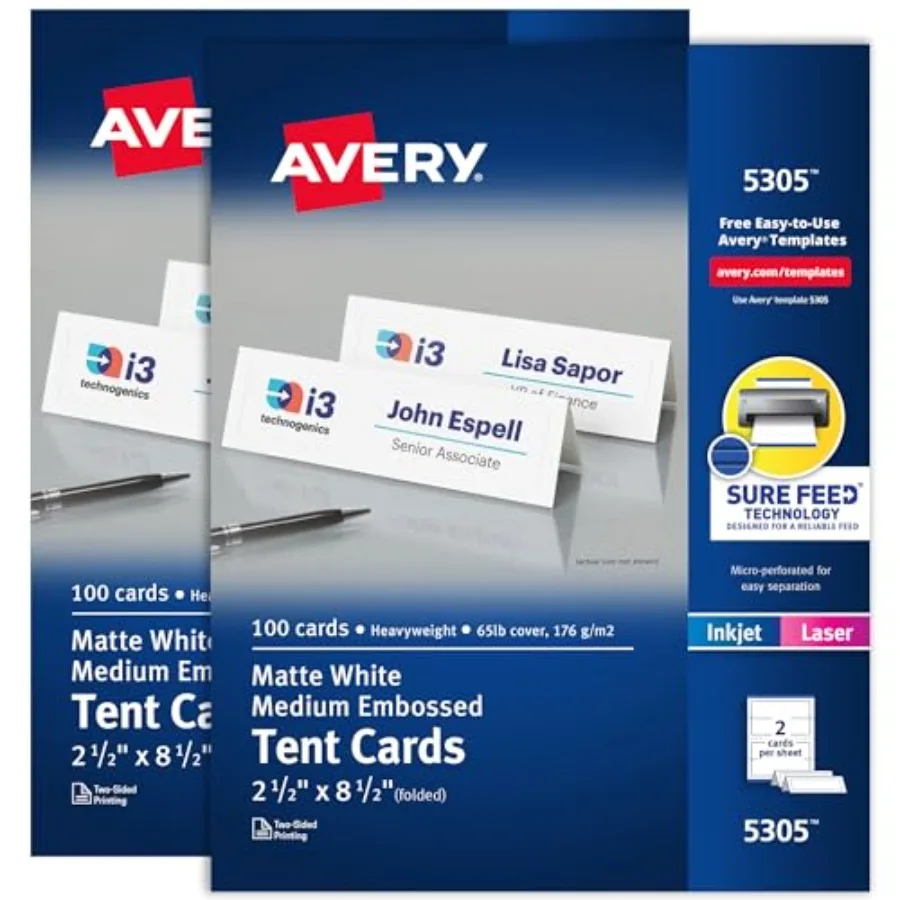 

Printable Tent Cards, Sure Feed Technology, 2.5" x 8.5", White with Embossed Border, 2-Pack, Total of 200 Blank Place Cards for
