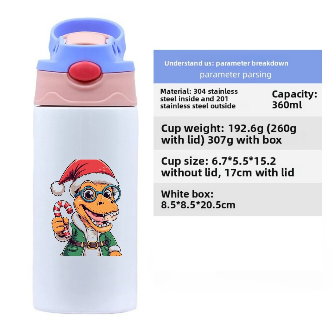 Chapeau de noël dinosaure de dessin animé, tasse isolée en acier inoxydable 304, tasse en paille pour enfants, cadeau de noël élégant et Adorable