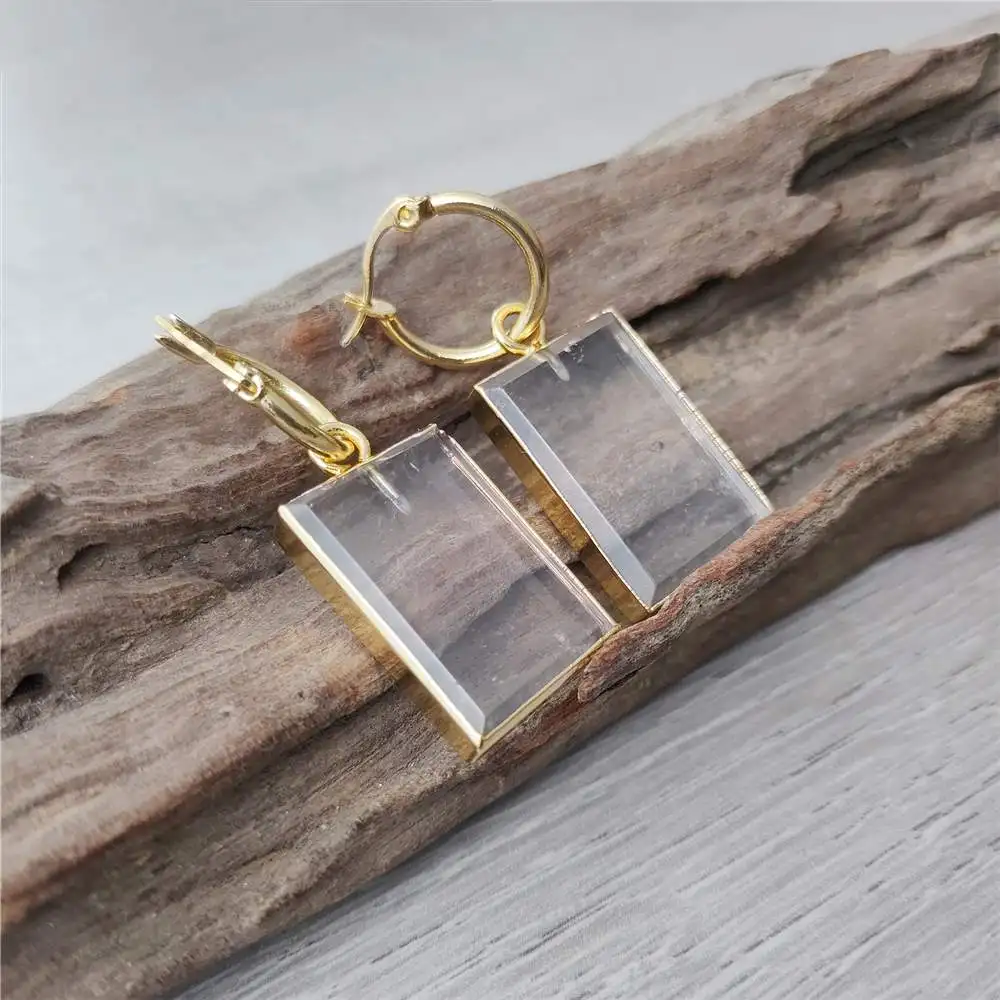 FUWO Rectangle Clear Quartz Hoop Earrings,Elegant and Sophisticated Jewelry for Every Occasion ER431 5Pairs/Lot