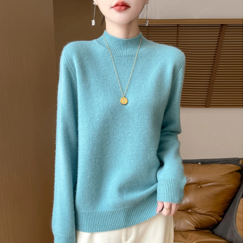 سترة محبوكة من One Line نصف ارتفاع 100% Andy Velvet للنساء للخريف والشتاء، نمط أساسي فضفاض بأكمام طويلة GH79