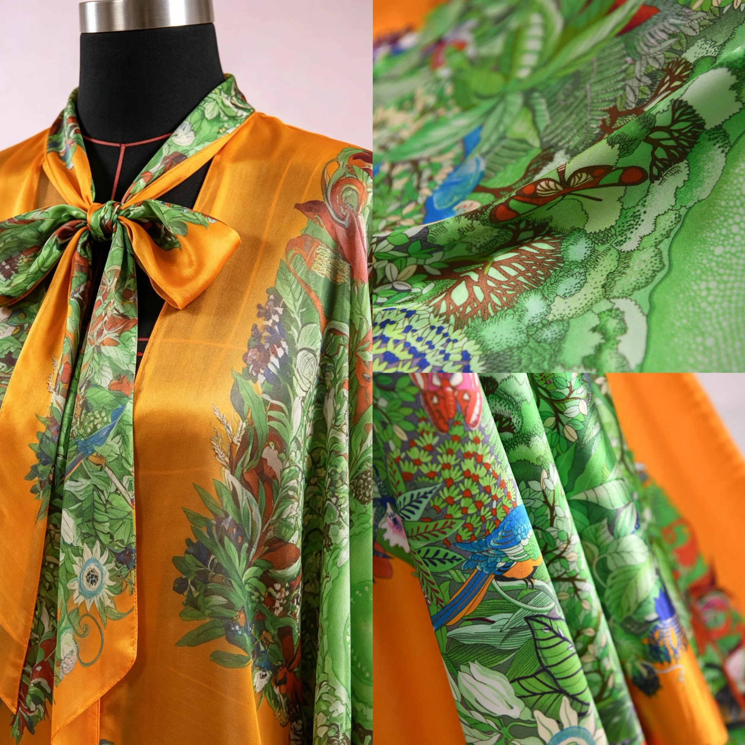 2.1m Txl Tropical Rainforest Animal Flower Placement Print Silk Stretch Satin Fabric, Soft French Luxury Material, 44 Inch Wide