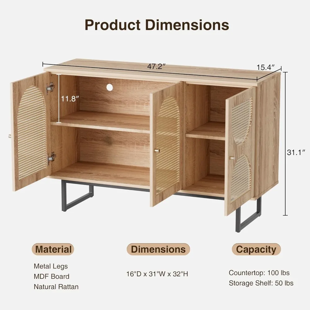 Aparador de Buffet con puertas de ratán, gabinete de barra de Buffet de ratán, gabinete de Credenza Boho con patas de Metal