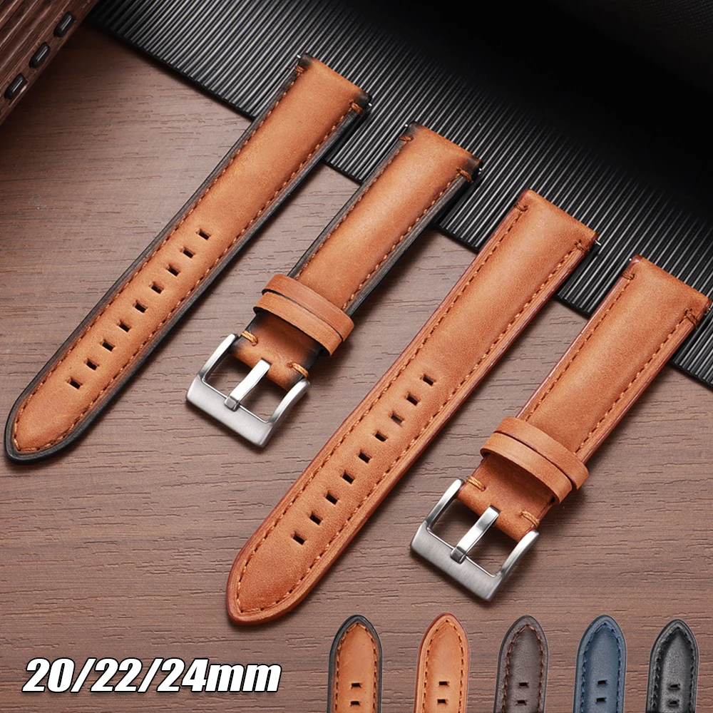 Cowhide Watch Strap 20mm 22mm 24mm Vintage Leather Watchband for Fossil for Samsung Galaxy Watch 7/6/5/4 Quick Release Bracelet