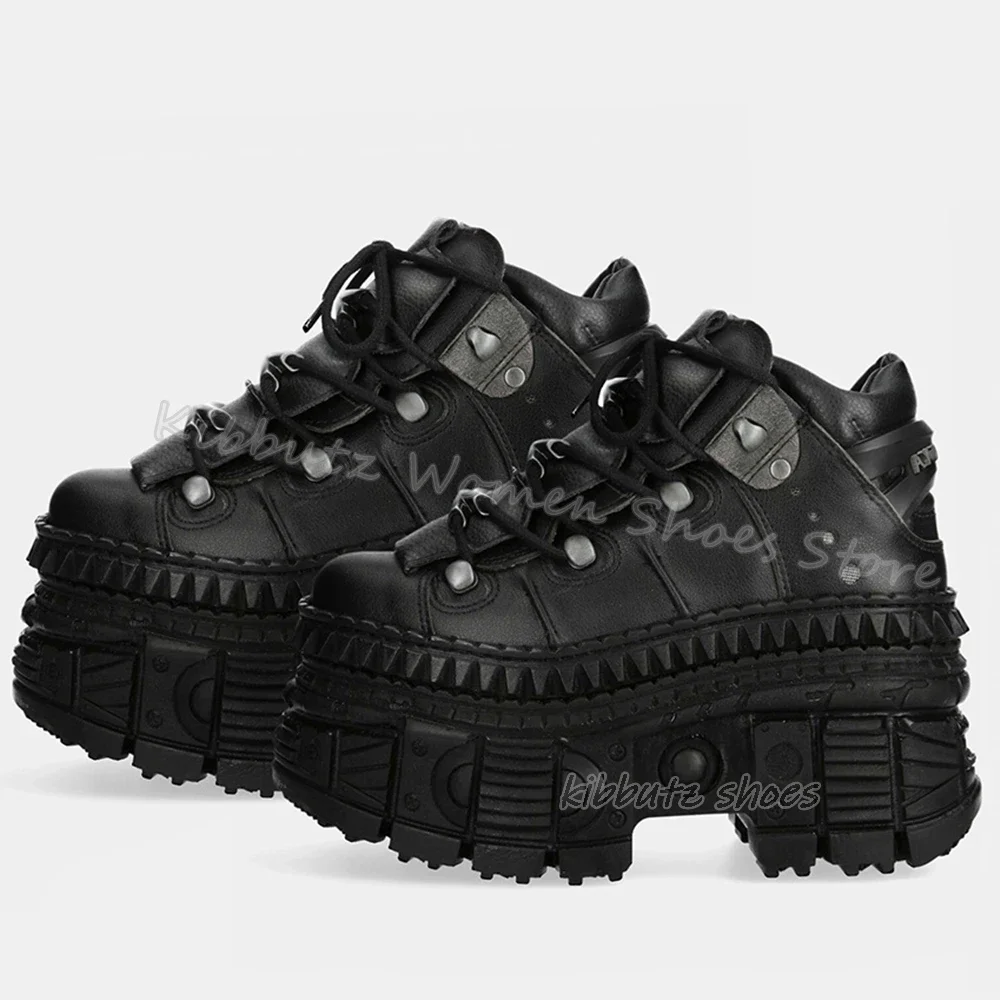 Rivets Gothic Sneaker Thick Bottom Platform Punk Rock Dark Style Lace-Up Fashion Sexy Women Shoes Round Toe Genuine Leather New