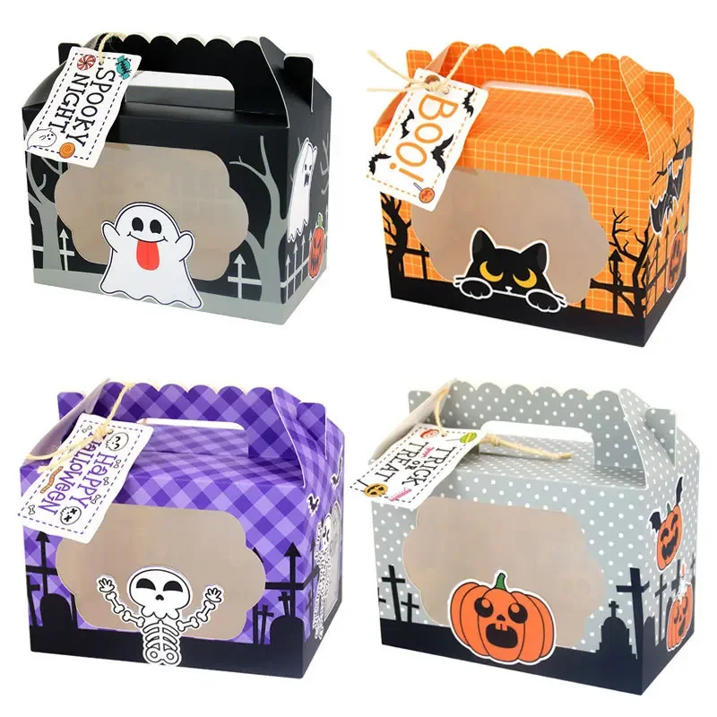 

4/8pcs Halloween Cracker Cookie Box Treat Or Trick Halloween Black Cat Ghost Party Cupcake Box with Window