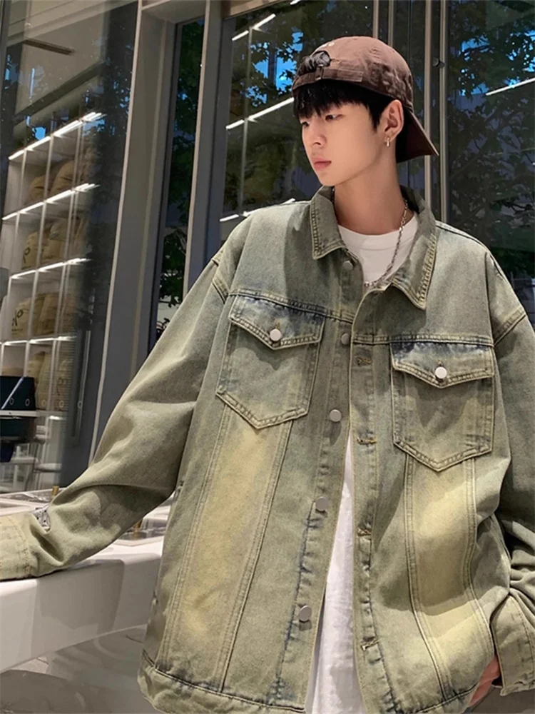 

Мужская джинсовая куртка цвета желтого грязи, в американском стиле High Street, для подростков, рабочая одежда, куртка Haome, высококачественная верхняя одежда