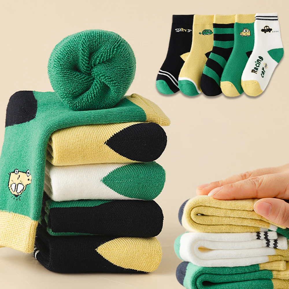 New Style 5Pairs 1-14Years Winter Terry Sock For Children High Elasticity Moisture Wicking And Breathable School Athletic Socks