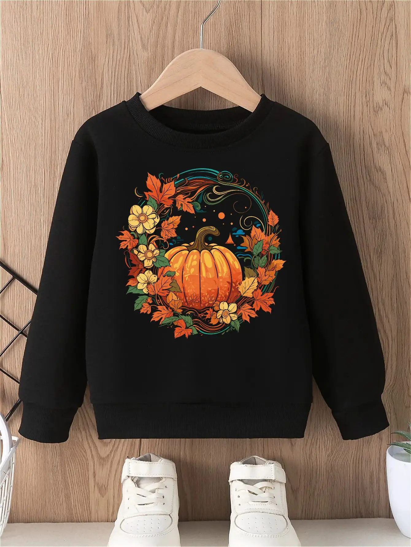 سويت شيرت بدون غطاء للفتيات بطابع الهالوين، ملابس خريفية مريحة وأنيقة مع تصميم اليقطين والزهور، مثالية لمتعة الخريف