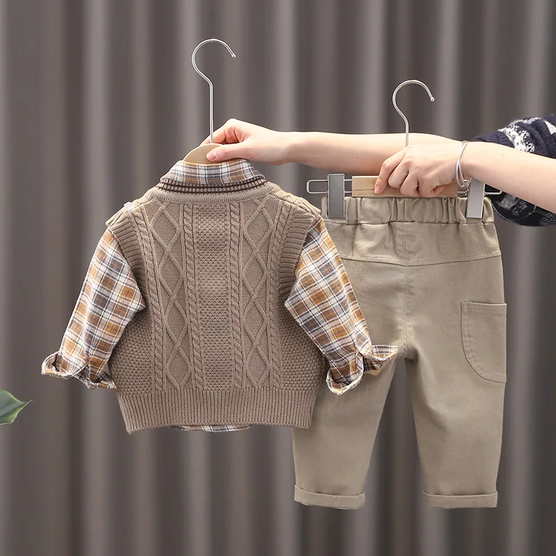 New Spring Autumn Kids Fashion Korean Checkered Knitted V-neck Sweater Tank Shirt Pants Three Piece Set for Boys And Girls