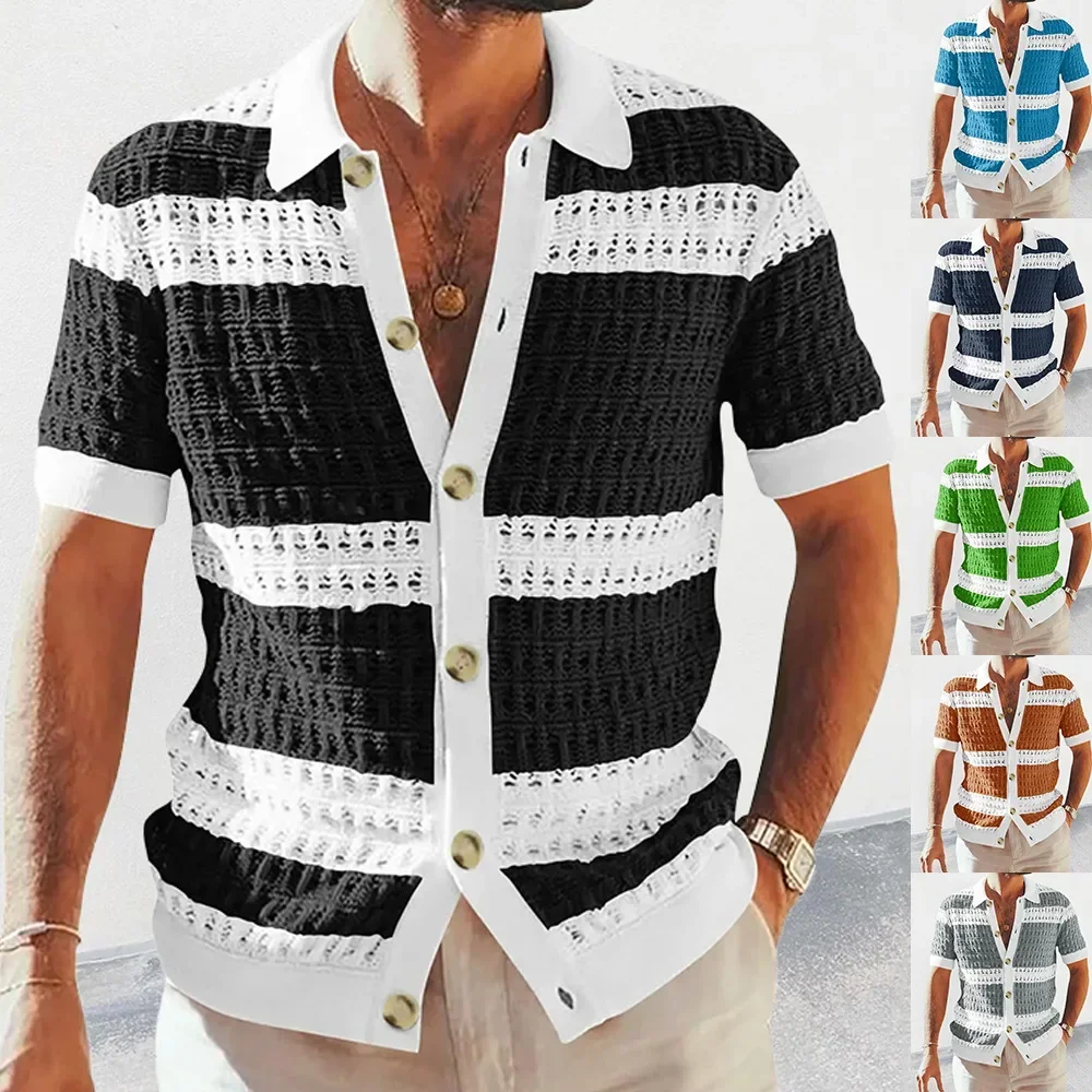 Casual Mens Knitted Shirts 2023 Spring Summer Loose Short Sleeve Buttoned Lapel Knit Cardigans Men Clothes Vintage Striped Shirt