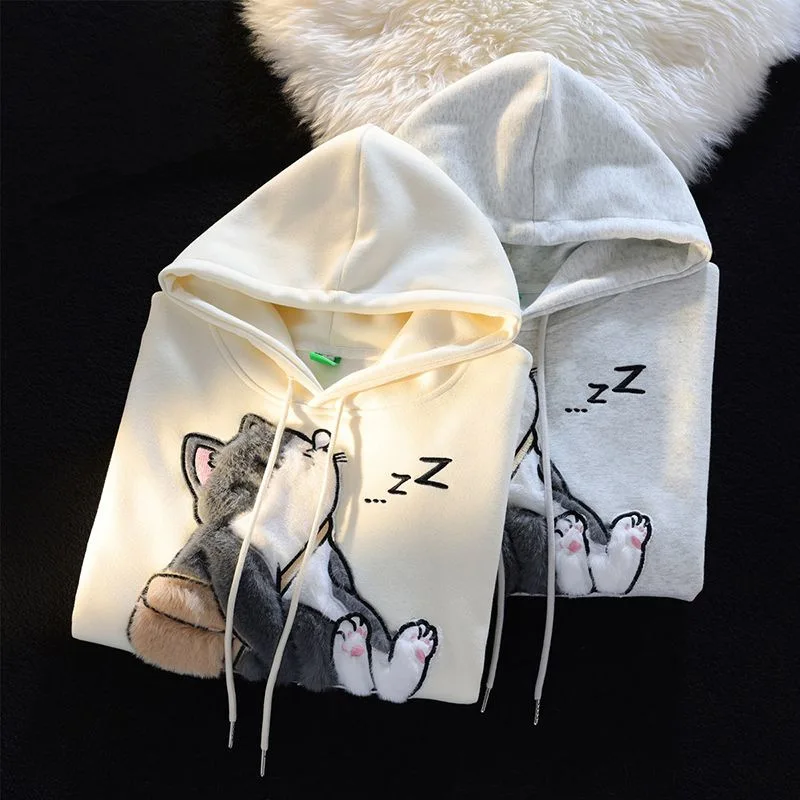 2024 Japanese Korean Retro Autumn Winter Embroidery Print Cat Pullover Cute Cartoon Hoodies Women Girl Couples Student Clothes