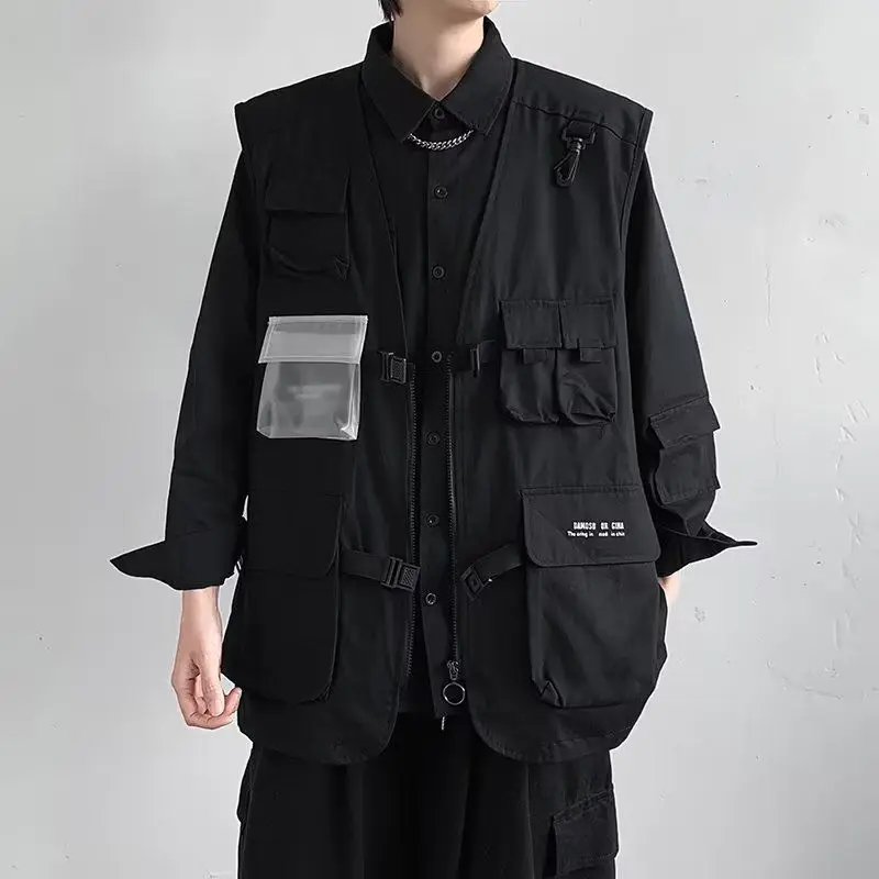 

French Workwear Multi-Pocket Vest Men's Spring Autumn Japanese Style Military Shoulders Coat