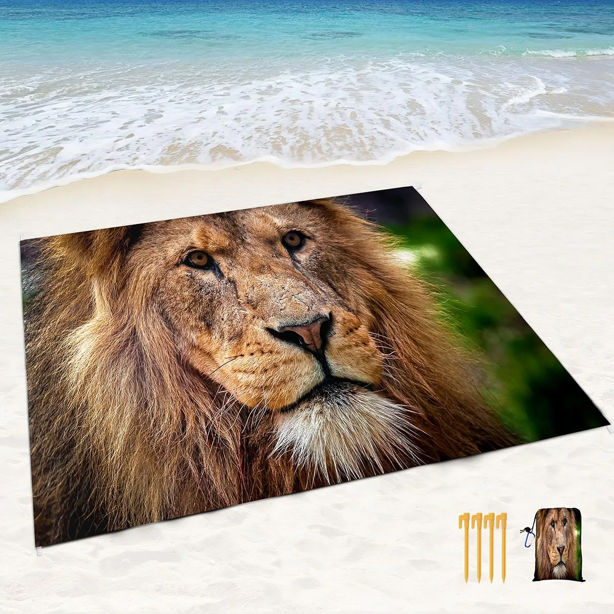 Ferocious Lion Print Beach Blankets Sand Proof Lightweight Rugs with Corner Pockets and Mesh Bag for Beach Party,Travel,Camping