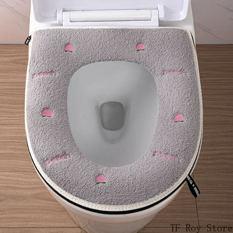 Peach Pattern Thickened Toilet Mat Universal Waterproof Zipper Embroidered Toilet Cover Home Toilet Seat Cushion Four Seasons