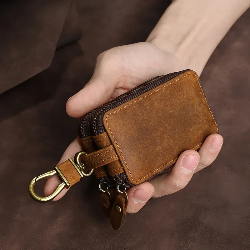 New Genuine Leather Car Key Pouch Wallet Double Zipper Crazy Horse Leather Designer Keychain Holder Organizer Key Case Bag Cover