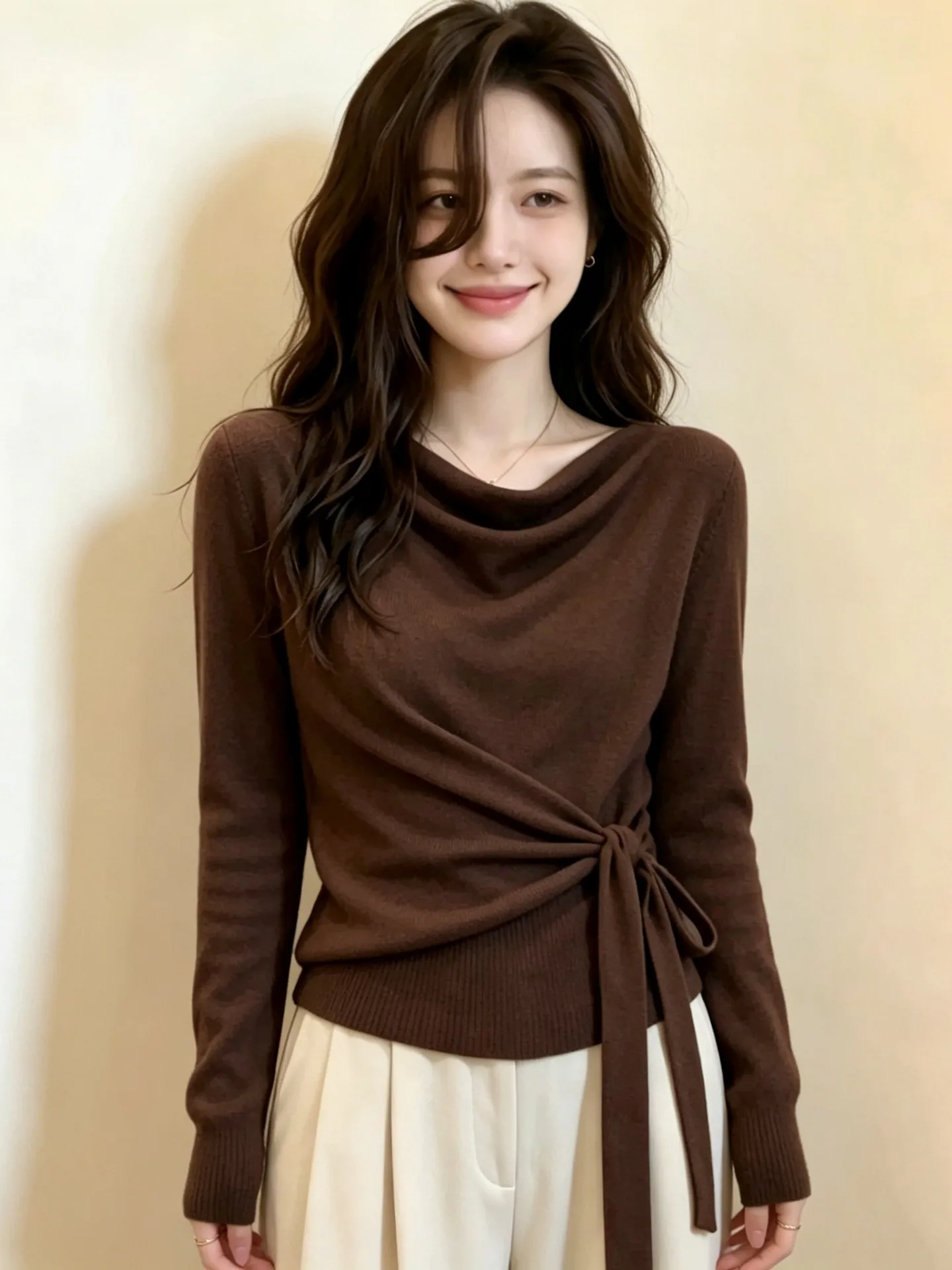 Slim Fit Long Sleeve Knitted Sweater Women's Style 2026 New Autumn Fashion Belted Waist Cinching Knitwear Top Korean Style