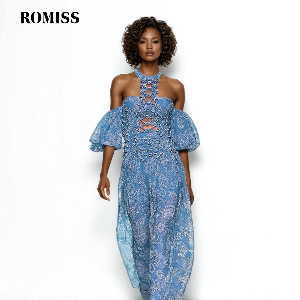 

ROMISS Hit Color Printing Hollow Out Sexy Dresses For Women Halter Puff Sleeve Backless High Waist Temperament Long Dress Female