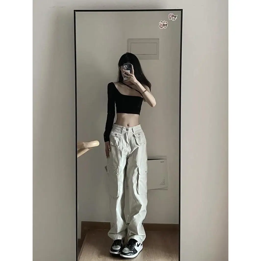 European and American Retro Beige Cargo Pants for Children Autumn and Winter 2022 New Hip Hop Casual Wide Leg Trousers pants