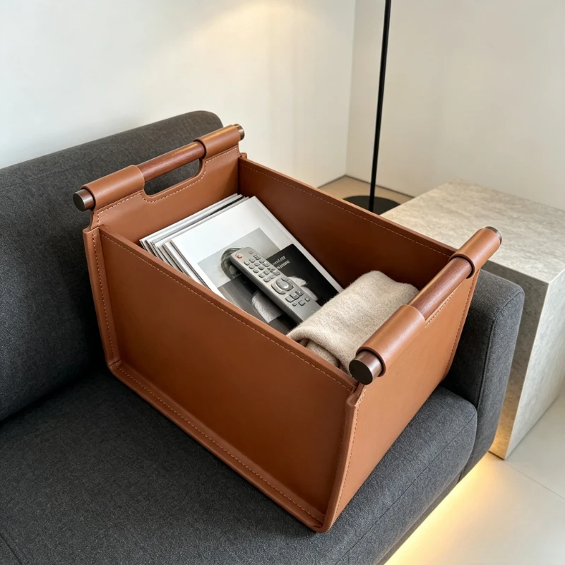 Light Luxury Storage Basket, Solid Wood Handle Organizer Box for Entryway, Dual Saddle Leather Tidy Bin for Home Decor Use