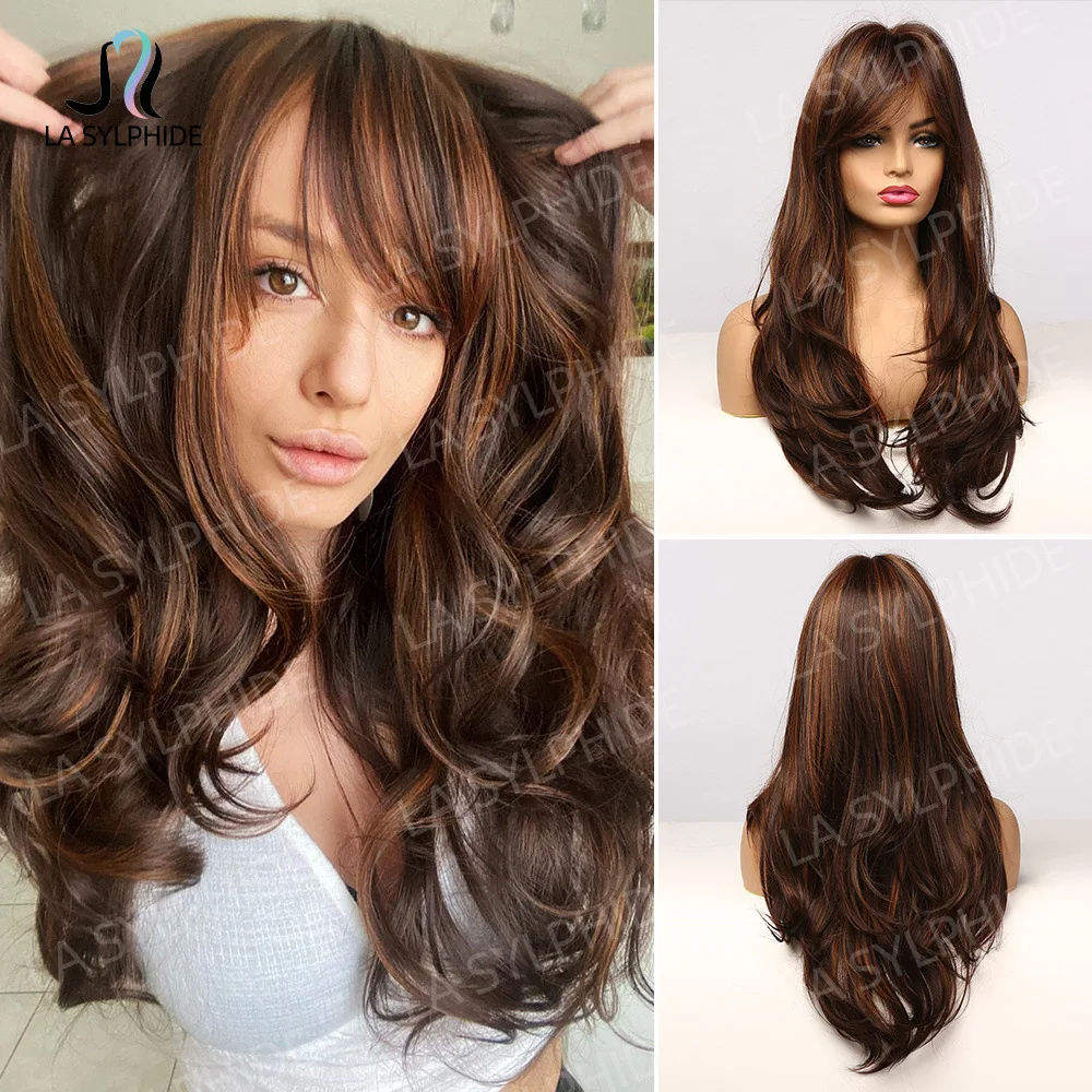 

Eight-character bangs wig micro-curly hair European and American wig women, brown highlights red high temperature silk headgear