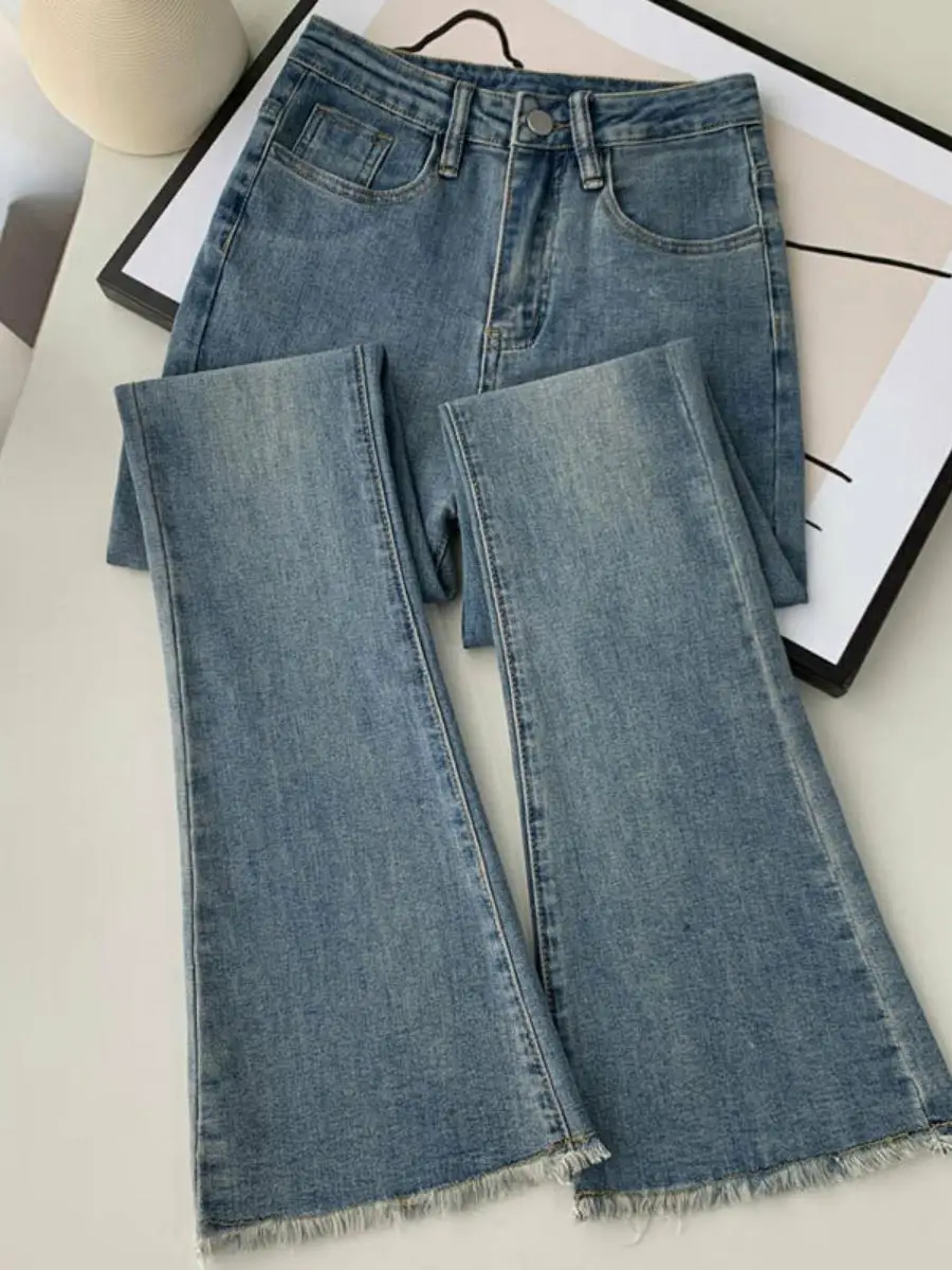 

Джинсы-колокольчики с высокой талией, женские весенне-осенние дизайнерские эластичные облегающие длинные брюки с потертостями до щиколотки, американские джинсовые брюки