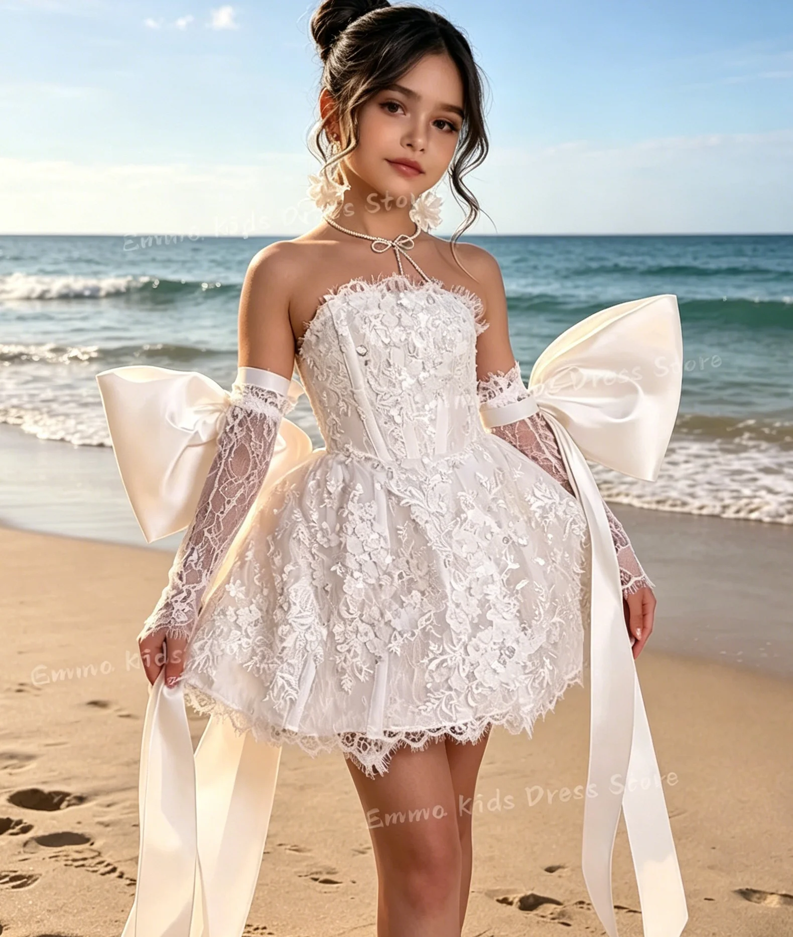 Custom Flower Girl Dress White Tulle Wedding Floral Appliqué Multi-layer Sleeveless Suitable for S and Communion