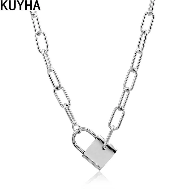 Exaggerated Punk Key Padlock Pendant Necklace For Women Men Party Cool Trend Accessories Stainless Steel Metal Collar Necklaces