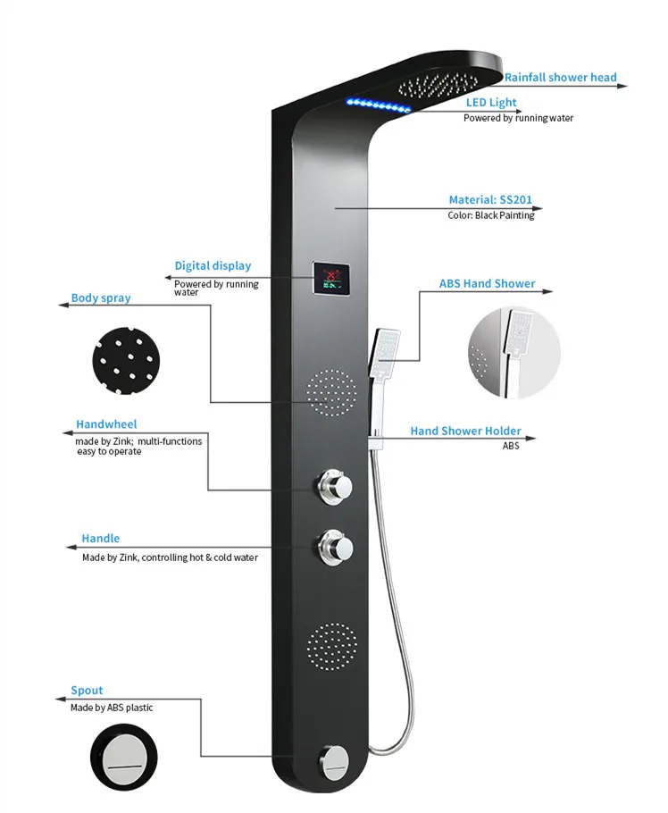 Hot Sale 304 Stainless Steel Temperature Display LED Rainfall Shower Heads Massage Smart Shower Panels