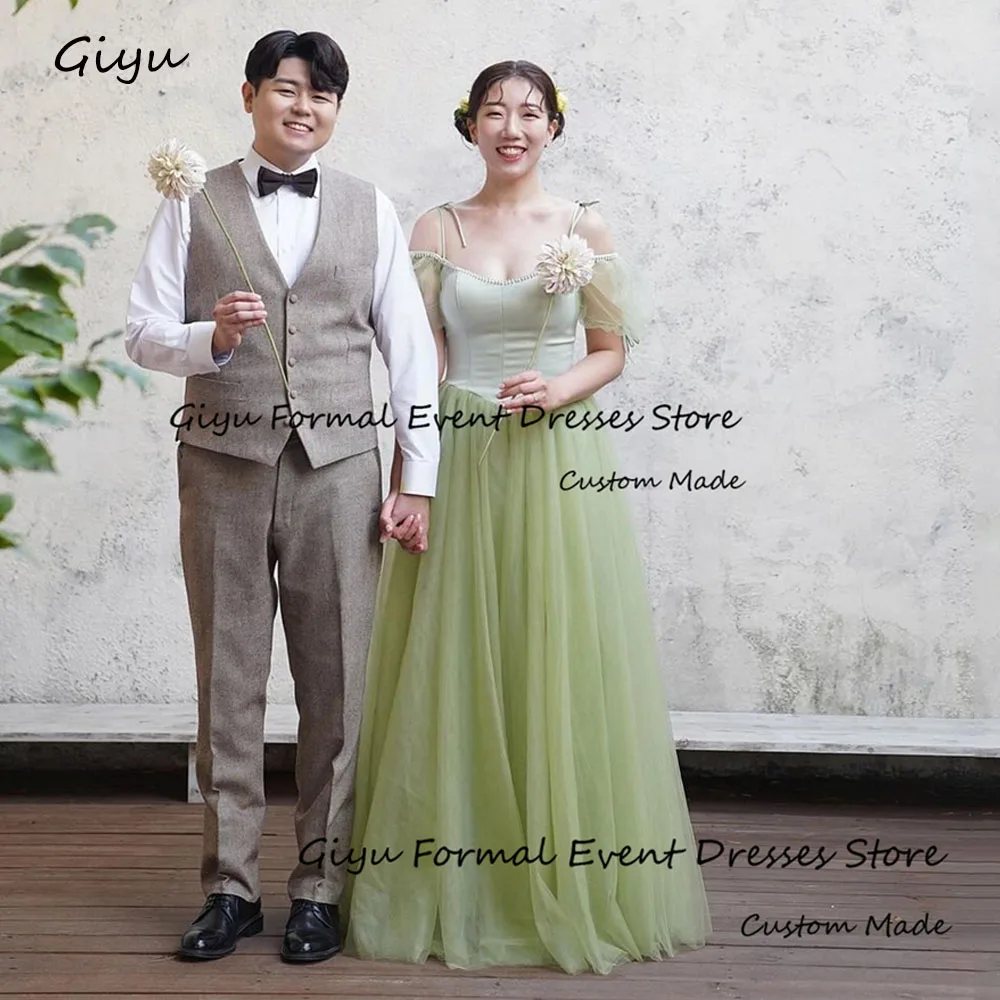 

Giyu Fairy Green Korea Wedding Dress Photo Shoot Spaghetti Strap Floor-Length Evening Gown Dress Draped Birthday Party Dress