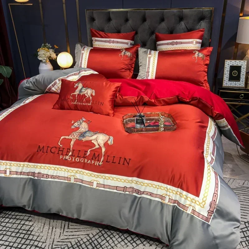 

Luxury Europe Palace Bedding Set Breathable Satin Cotton Horse Embroidery Double Duvet Cover Bed Linen Pillowcases Home Textile
