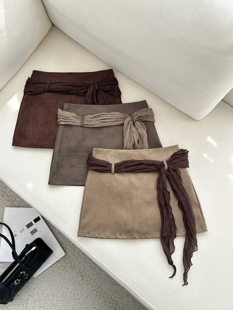 Korean High Quality Faux Suede A-Line Bodycon Mini Skirt for Women Fall Petite Sexy Skirts with Silk Scarf Ribbon