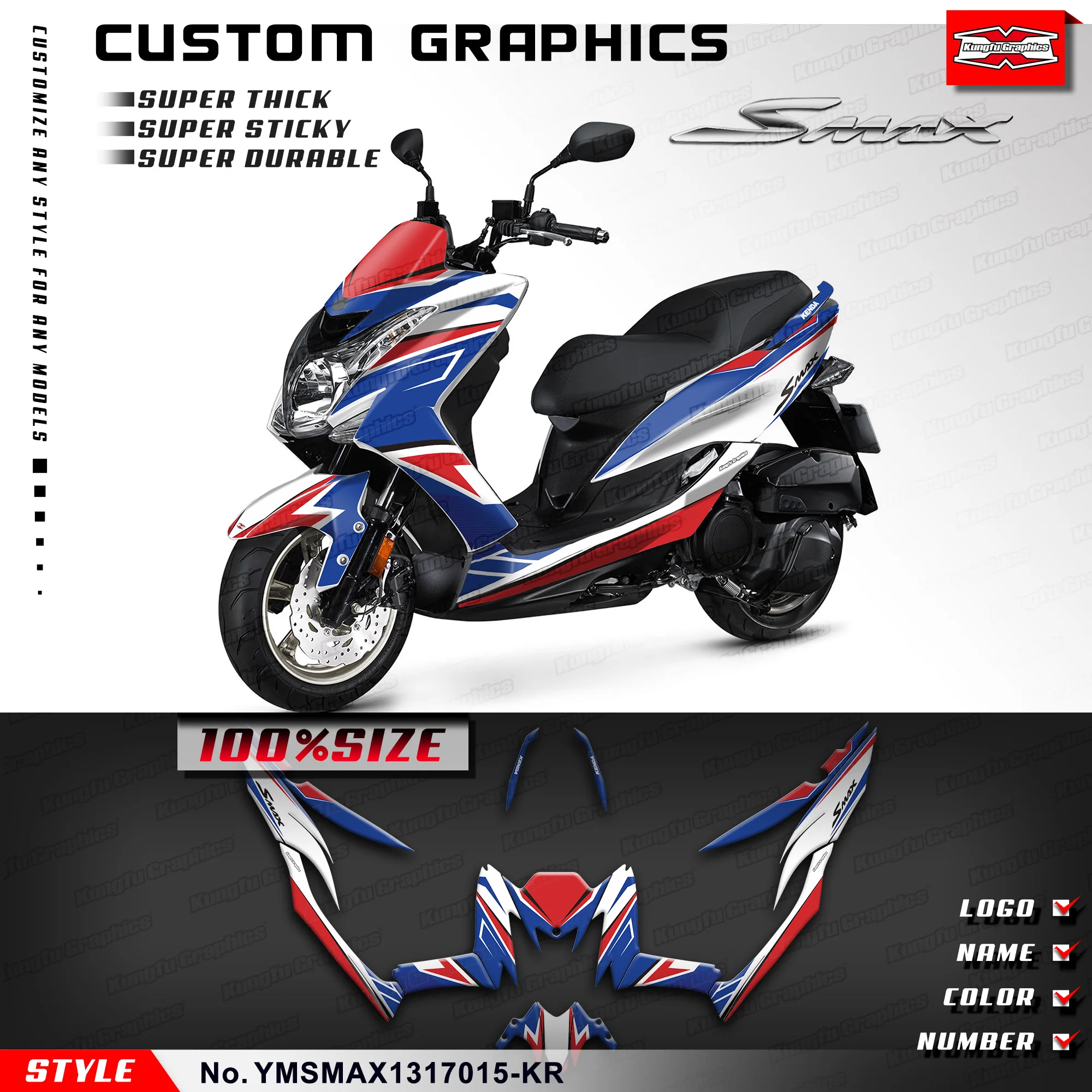 ملصقات رسومات الكونغفو كاملة من الفينيل لسكوتر ياماها SMAX 155 2013 2014 2015 2016 2017، YMSMAX1317015-KR