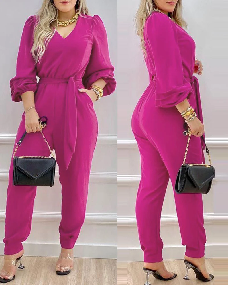 

Puff Lantern Sleeve Tied Detail V Neck Jumpsuit Solid Color Long Sleeve Jumpsuits