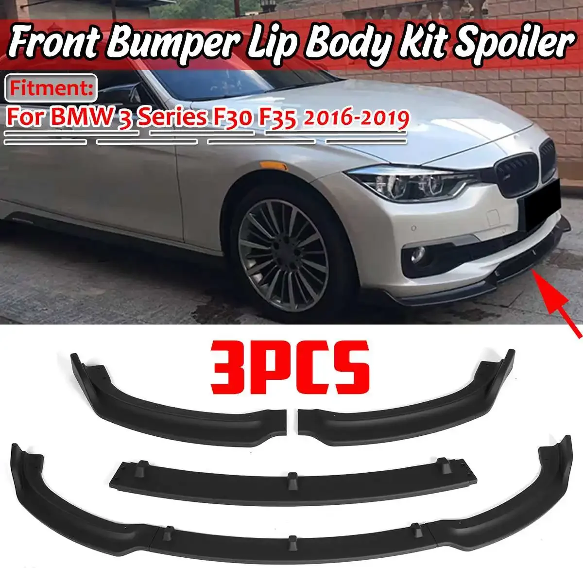 

3PCS Black/Carbon Fiber Look Car Front Bumper Lip Splitter Body Kit Bumper Lip Deflector Lips For BMW 3 Series F30 F35 2016-2019