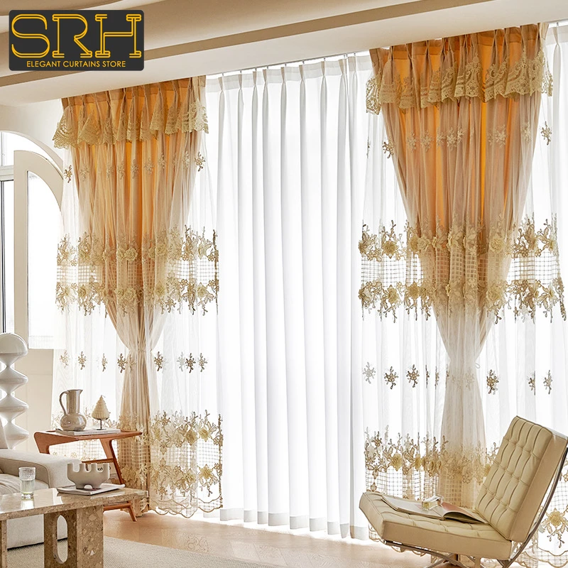 

French Luxury Gauze Double-layer Curtains for Bedroom Living Room Cream Hollow Embroidered Tulle Blackout Velvet Finished Custom