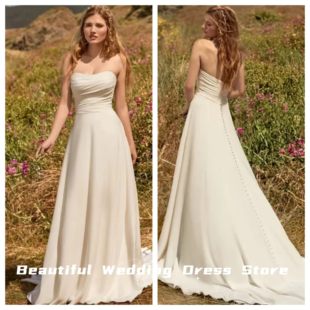 

New Elegant Sweetheart Chiffon Wedding Dresses With Detachable Sleeve Boho A-Line Bride Gowns Train Vestido De Noiva