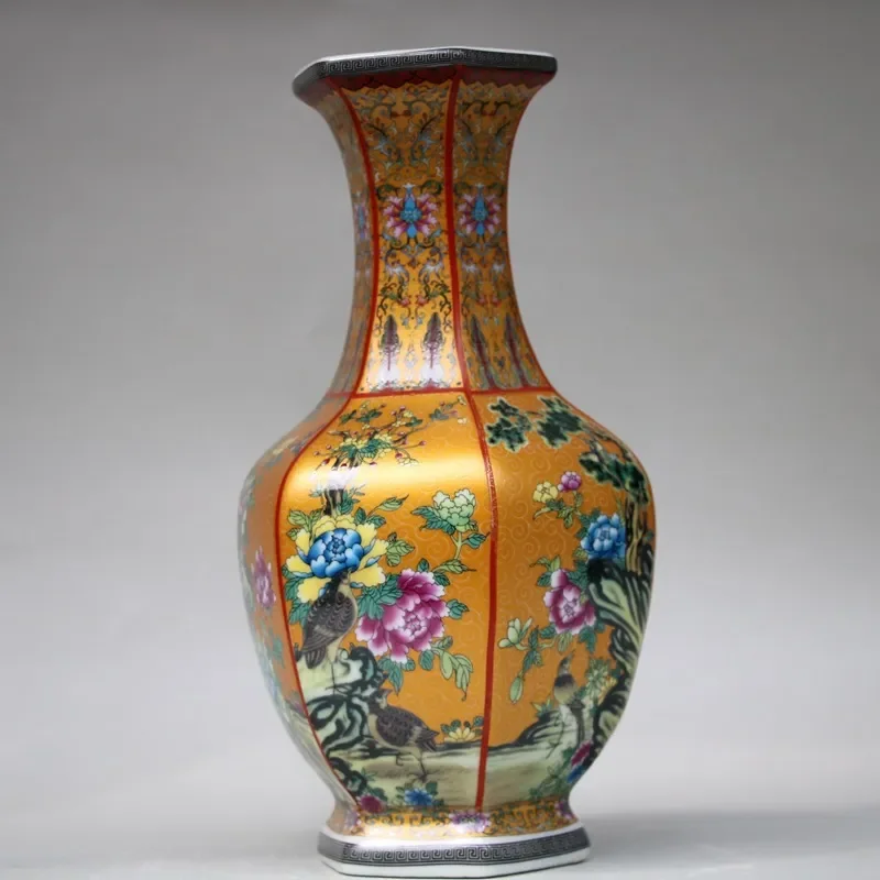 for Jingdezhen Ceramic Enamel Vase Handmade Polygonal Flower Bird Design Porcelain Flower Insert Style Wholesale Home Decor