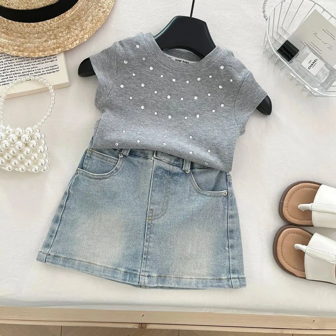 Korean Style 2025 Summer Toddler Girls Set Sequin Short Sleeve T-Shirt & Mini Skirt with Pocket Casual Outfit Fashionable
