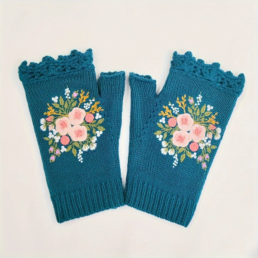 Vintage Embroidery Knitted Gloves Embroidered Floral Half Finger Fingerless Gloves Touch Screen Warm Crochet Flower Mittens