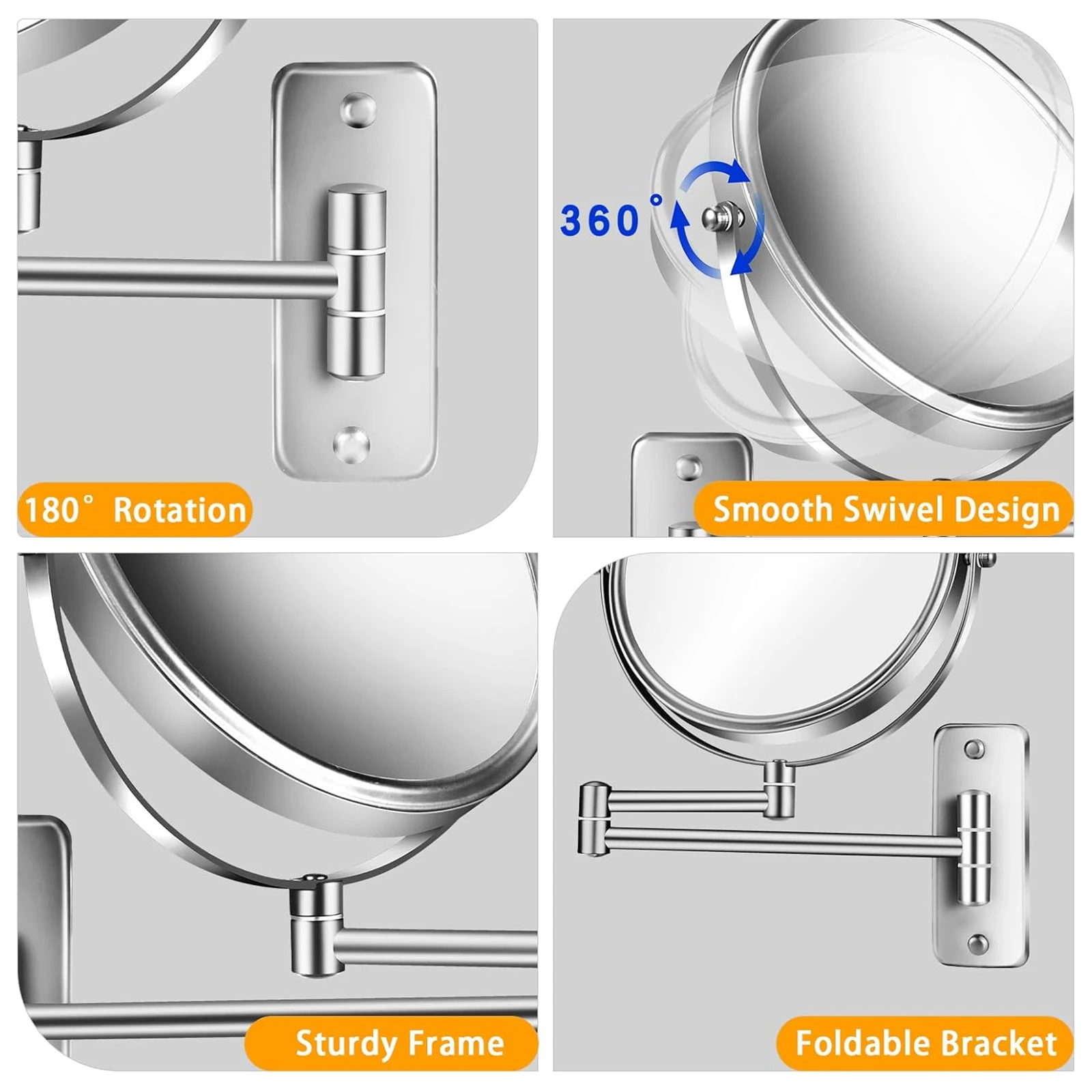 กระจกห้องน้ำแบบติดผนัง 8 นิ้ว ขยาย 5 เท่า/10 เท่า กระจกแต่งหน้าสองด้าน หมุนได้ 360 องศา ขยายได้