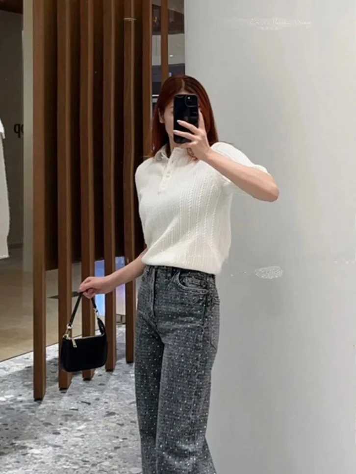 

Detachable Beaded Doll Collar ort Sve Knitted Top White Twist Flower Patterned Women's Faion Summer Commute Sle Slim...