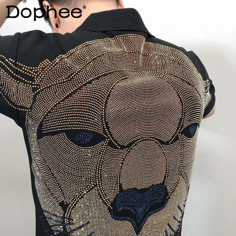 Fashionable Heavy Embroidery Hot Drilling Leopard T-shirts Men\'s Fashion Embroidered Lapel Trendy Male Slim Polo Shirts