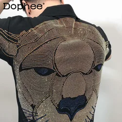 Fashionable Heavy Embroidery Hot Drilling Leopard T-shirts Men's Fashion Embroidered Lapel Trendy Male Slim Polo Shirts